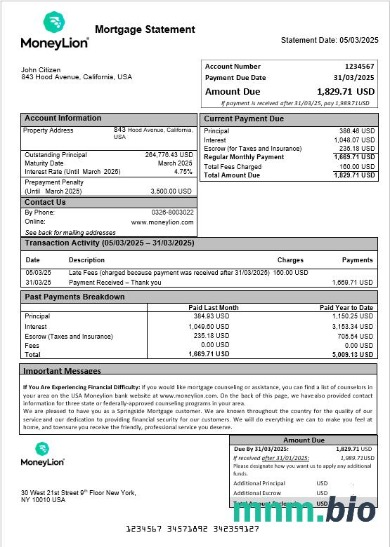 USA Moneylion Bank wyciąg z kredytu hipotecznego w formatach Word i PDF